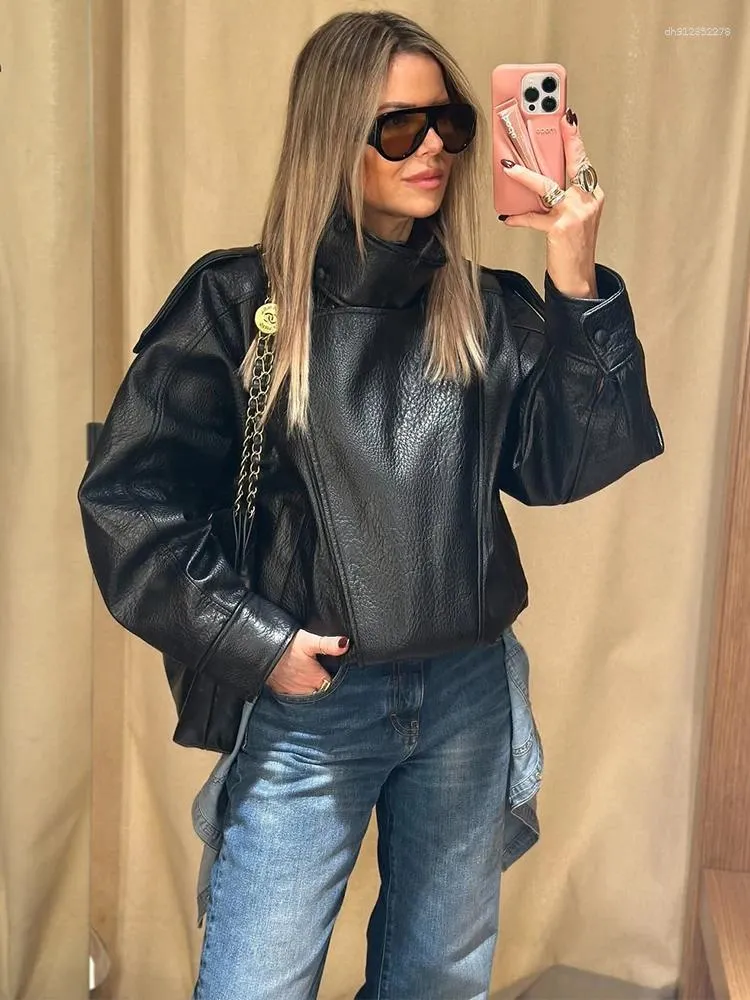 Womens Jackets Trendix Solid Leather Moto Jacket For Women 2025 Winter Turtleneck Retro Coats Fashion Asymmetry Elegant Vintage PU