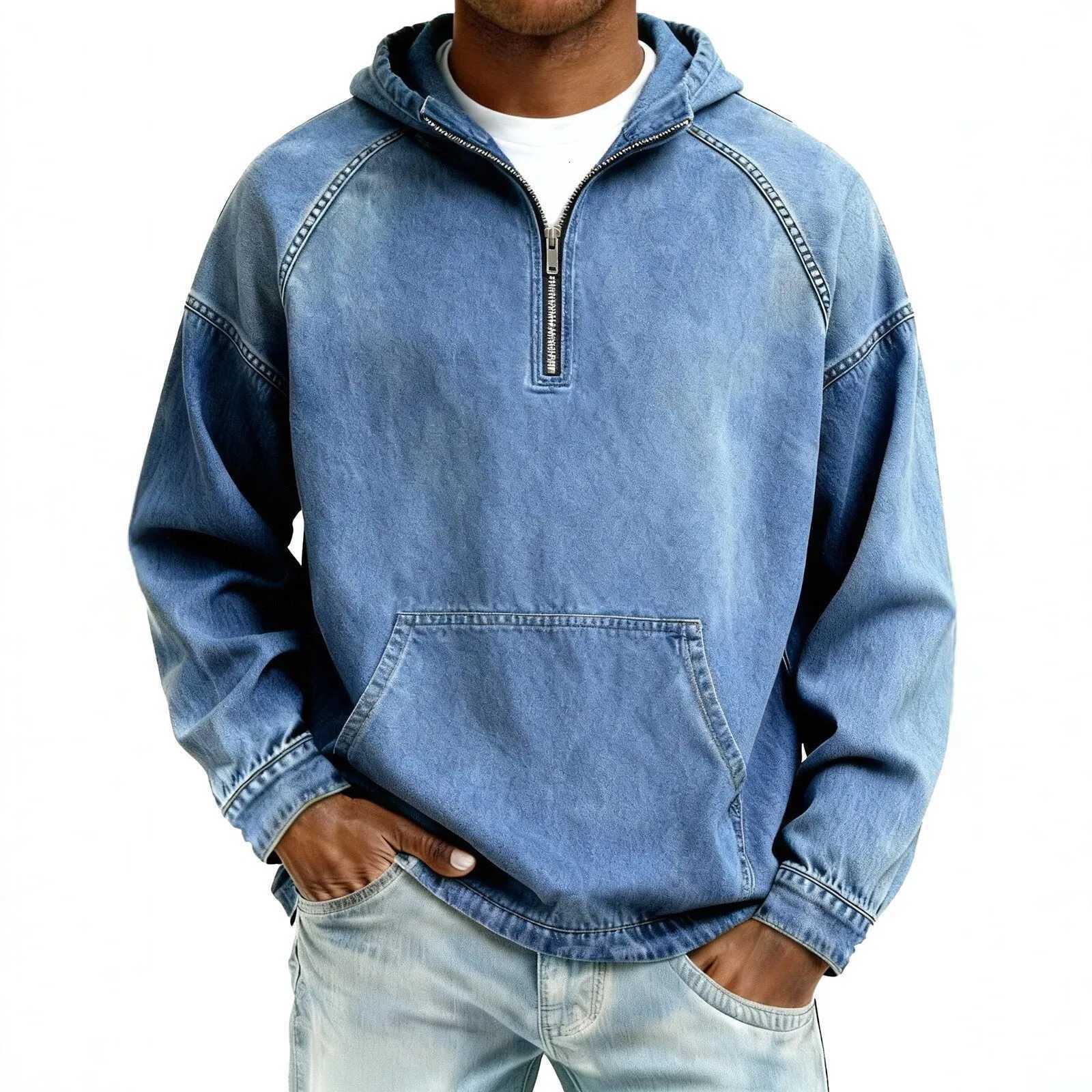Men's Hoodies Sweatshirts 2026 New Mens Zip Up Solid Color Top Heavyweight Washed Distressed Faded Denim Casual Hoodie Sweatshirt J260921
