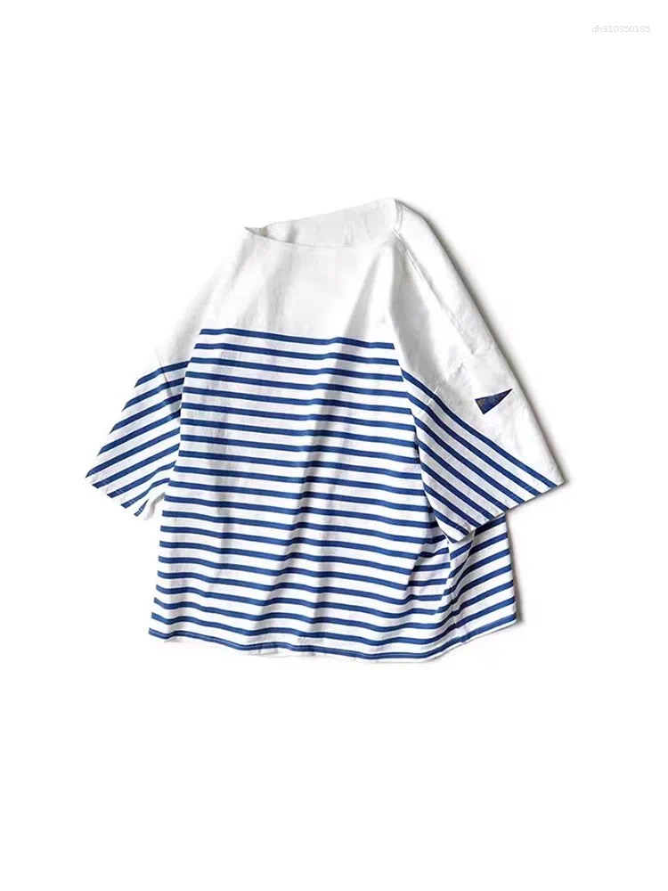 Kapital Blue And White Striped Colorblocked Loose-Fit Five-Quarter Sleeve Round-Neck Short-Sleeved T-Shirt TX1566
