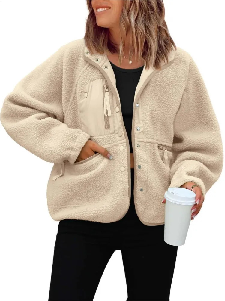Womens Polar Fleece Jacket Coats 2025 Autumn Winter Casual Long Sleeve Loose Coats For Woman Single Breasted Stand Jackets 260921