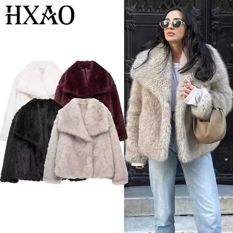 Women's Jackets HXAO 2024 Woman Autumn Winter Faux Fur Coat Plush Fluffy Women's Jacket New in Outerwears White Red Gray Black Wool Blends