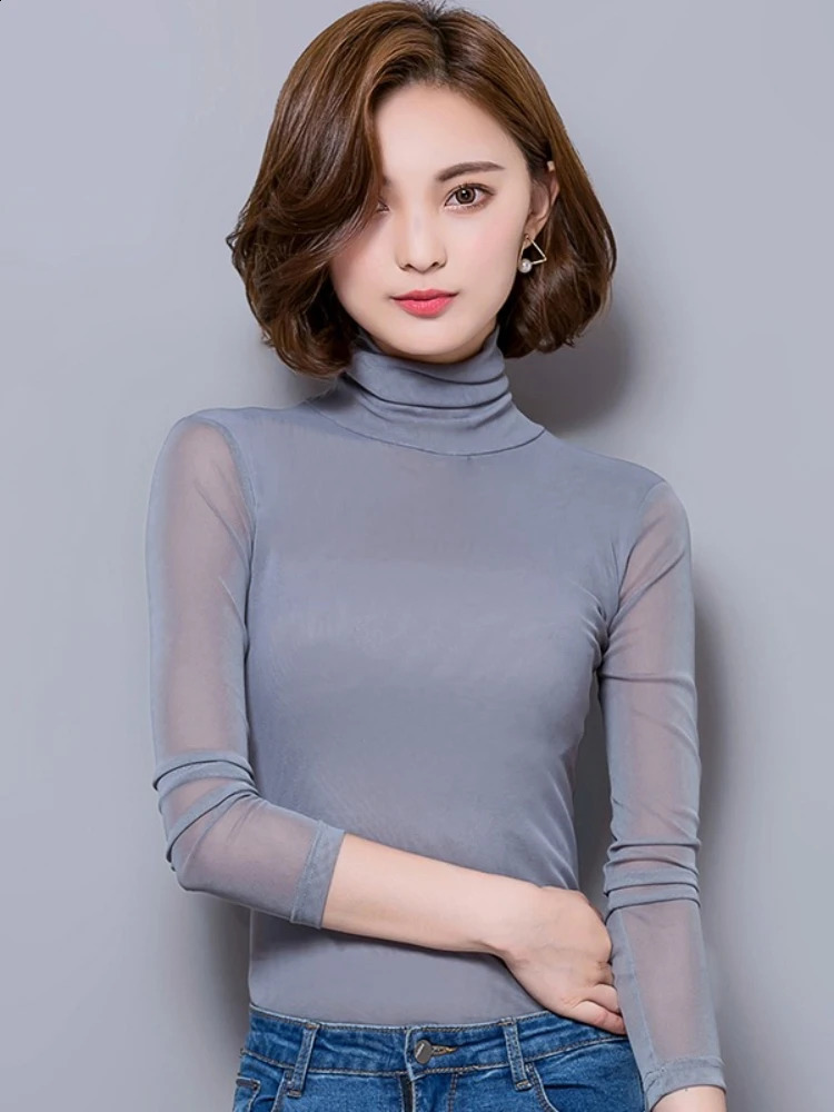 Zjaiss 2026 Spring Summer Women's High Neck T-Shirt Chic Mesh Long Sleeve Slim Fit Solid Color Sheer Base Top 260921