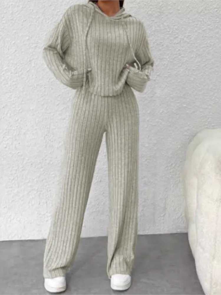 Sets Spring Autumn Women's Baseball New Solid Color Casual Knitted Striped Hooded Sweatshirt Loose Long Sleeved Long Pants Two-piece Set N26092