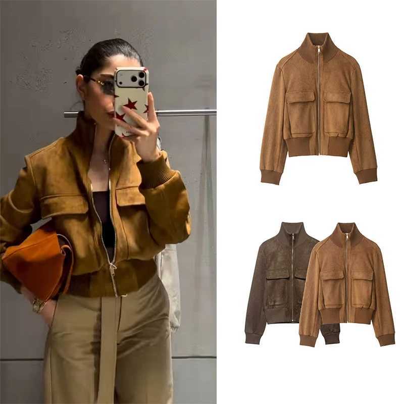 Women's Jackets Women's Retro Suede Short Pilot Jacket Ribbed Stand Collar Full-Zip Coat Casual Warm Autumn Jacket C260921