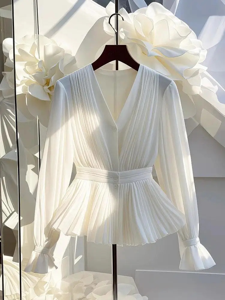 Youth Elegant Pleated White Long Sleeve Button Up Shirt Women V Neck Ruffle Tunic Basic Blouse Chiffon Lady Office Casual 260922