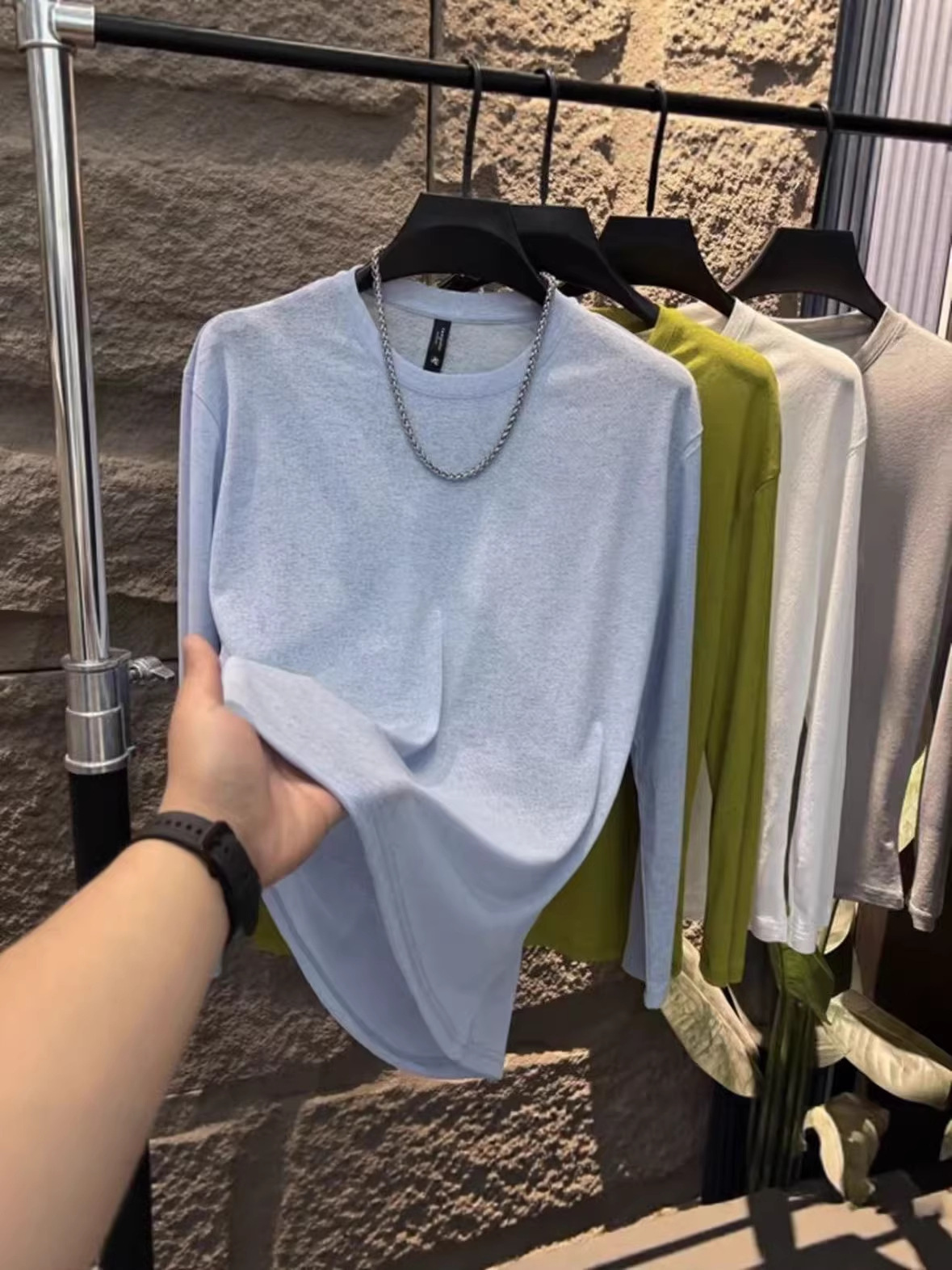 Luxurious Designer Men's Summer Round-neck Long-sleeved Sun-protective T-shirt, 2025 New Style, Fashionable And Versatile, Youthful Pure Color