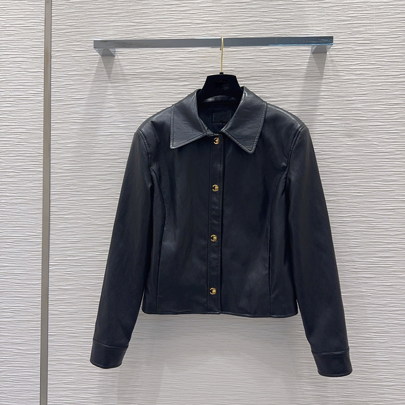 Women Brand Leather Jacket Gold Letter Button Cardigan Coat Female Luxury Long Sleeve Windbreakers Trendy Charm Short Trench Coats Clothing