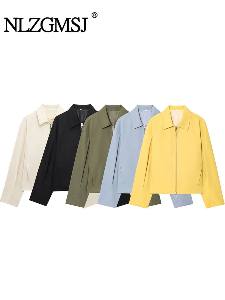 NLZGMSJ Womens Casual Chic Bomber Jackets Solid Turndown Collar Zipper Coats Fashion Autumn BasicOutwears 260921