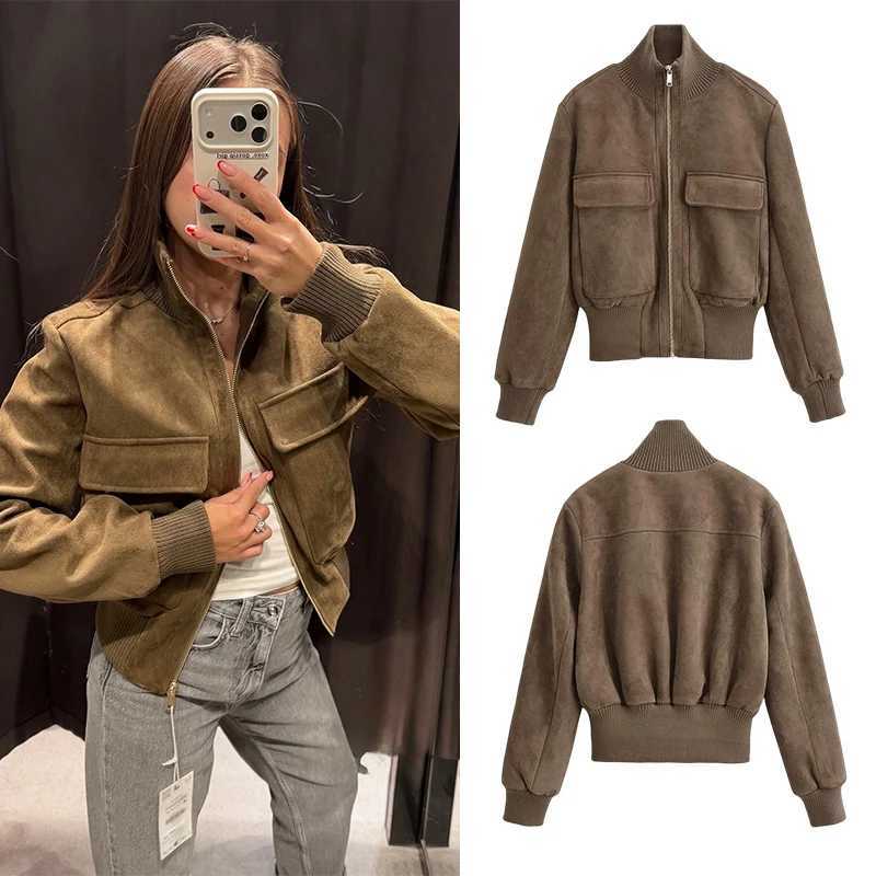 Women's Jackets Women's Faux Suede Flight Jacket Stand Collar Zip Up Short Coat Ribbed Trim Flap Pockets Casual Retro Outerwear C260921