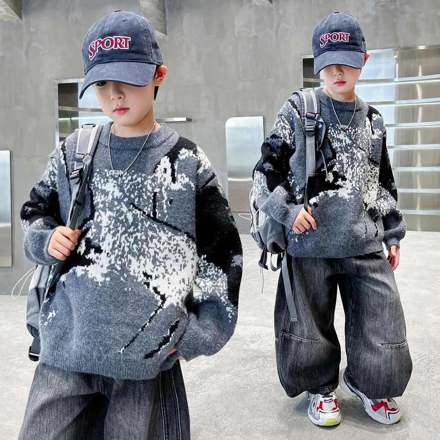 Children Grey Color Christmas Pullover Sweater for Big Boy Fashion Casual Autumn Winter Knitted Clothing Teenager Kids Designer Knitwear C260921