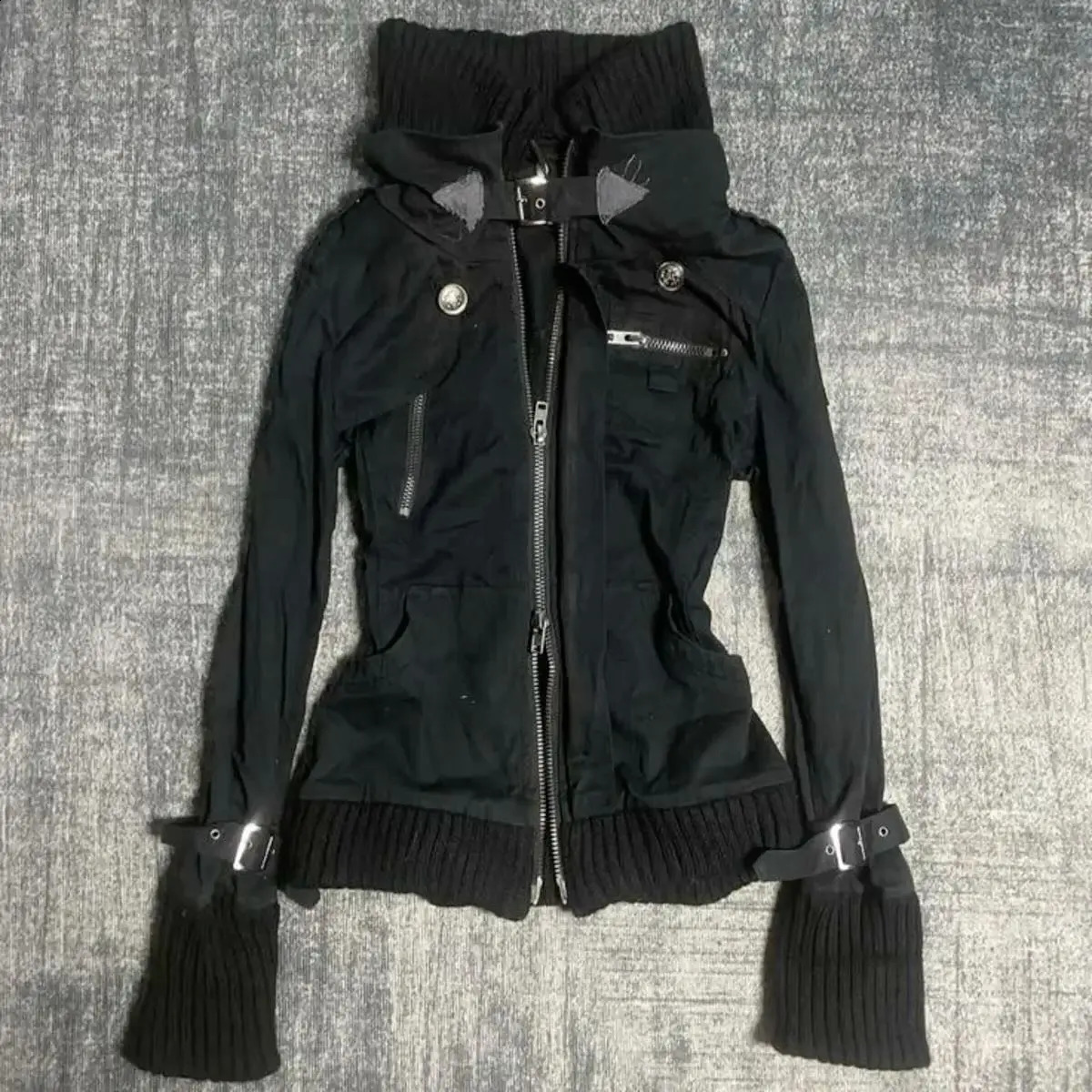 Womens Casual Black Hooded Jacket Zip Upeatshirt Ribbed Knit Collar Long Sleeve Autumn Winter Streetwear Y2K Style Outerwear 260920