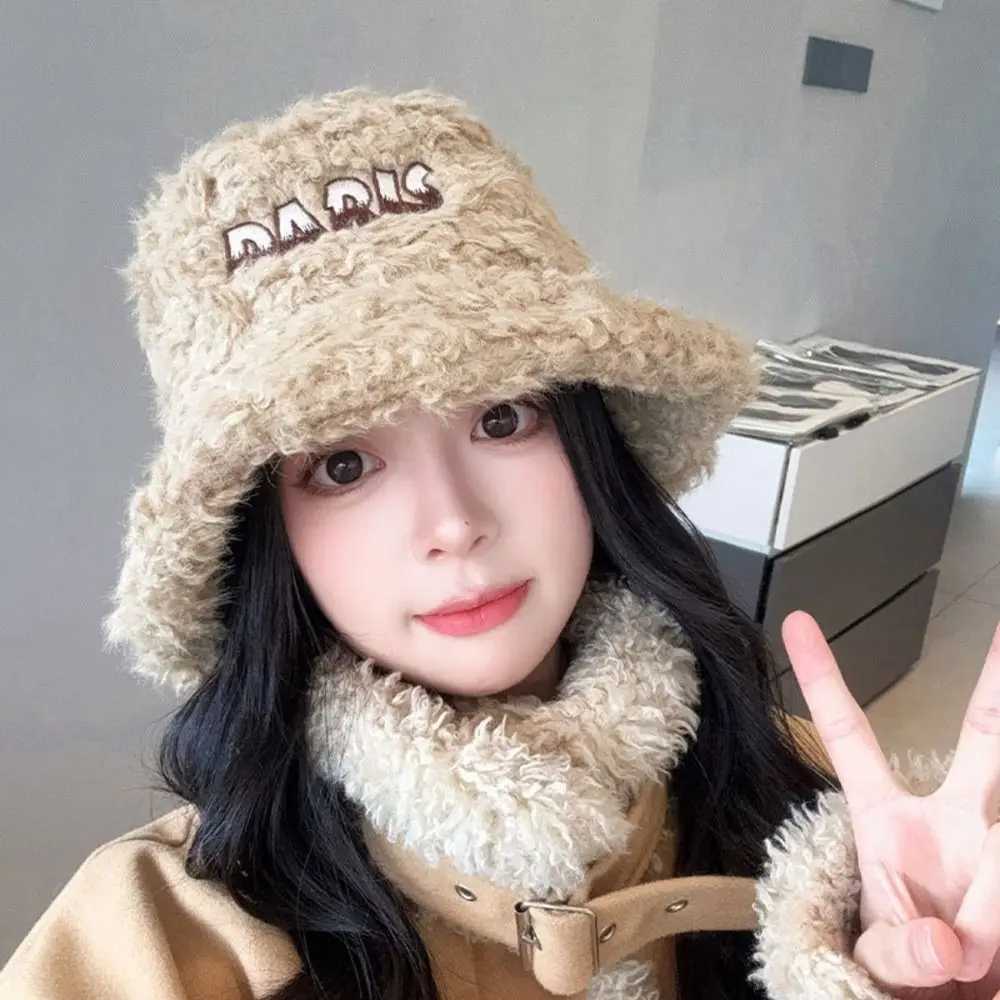 Polyester Fuzzy Bucket Hat One Fashion Size Fit Face Slimming Warm Fall Winter Hat Letter Embroidered Hat Large Head M260921