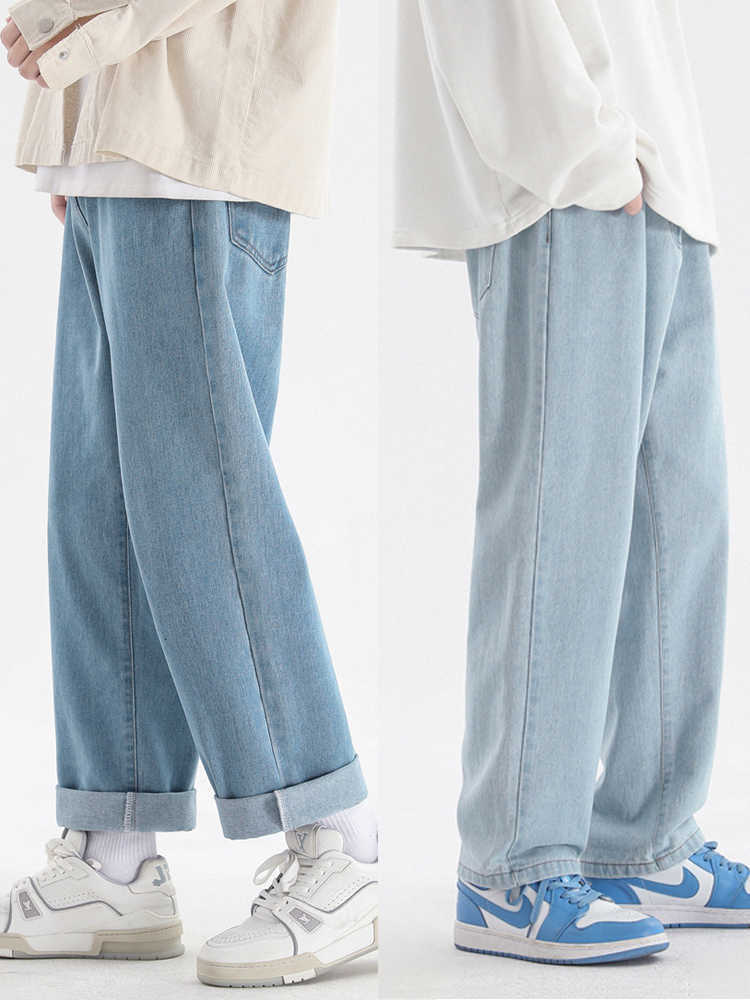 Jeans 2023 Men's New Korean Fashion Men's Casual Ankle-Length Jeans Classic Man Straight Denim Wide-leg Pants Light Blue Grey Black 3XL T2