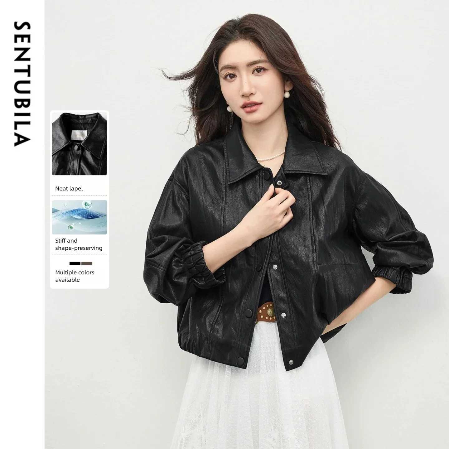 Faux Women's Leather Leather SENTUBILA Faux Leather Jacket for Women 2026 Spring Black Loose Lapel Windproof PU Leather Jacket Retro Women'