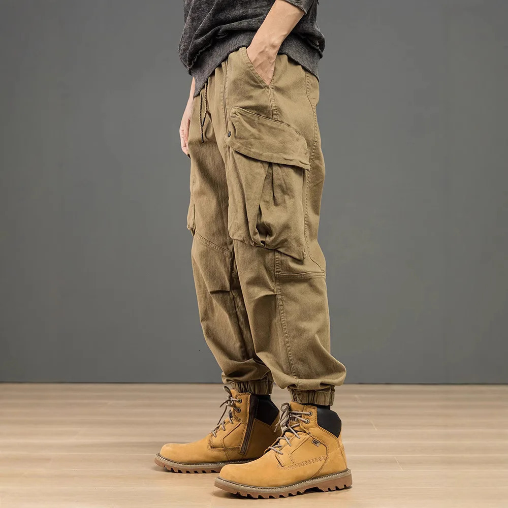 Pantalones tobilleros cargo para hombre, pantalones holgados funcionales con bolsillo grande, ropa de trabajo lavada desgastada tejida elástica de c