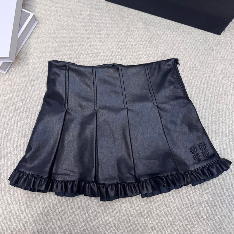 Brand Women Slim Leather Skirt Designer Embroidered High Waist Pleated Skirts Sexy Vacation Short Skirt