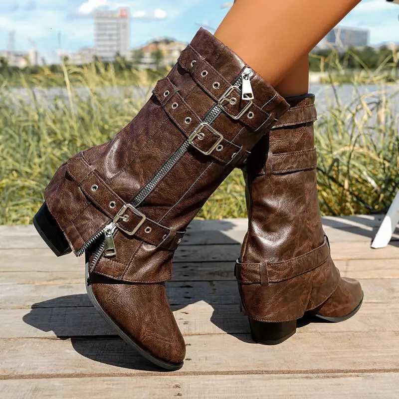 Designer High Boots Heel Vintage Western Cowboy Boots Women 2025 Winter Punk Metal Belt Buckle Ankle Boots Plus Size Women's Y2K Short Booties