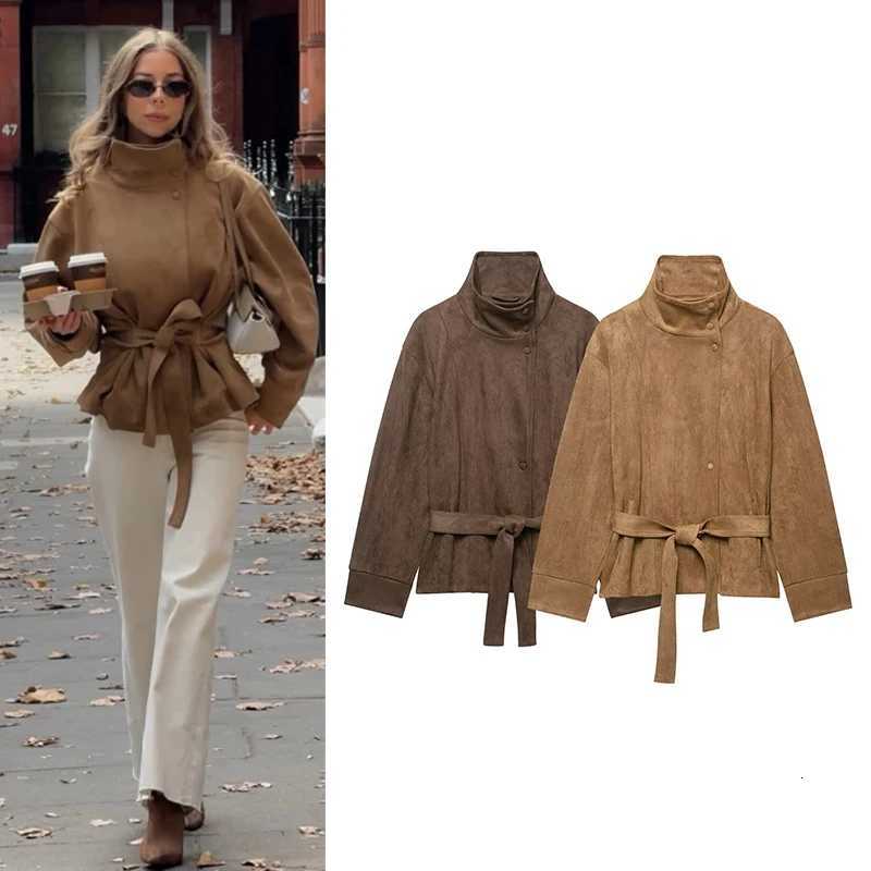 Women's Jackets Women's Jacket 2026 New Autumn Winter Long-Sleeve Belted Stand Collar Suede-Texture Jacket Loose Casual Chic Women Outerwe