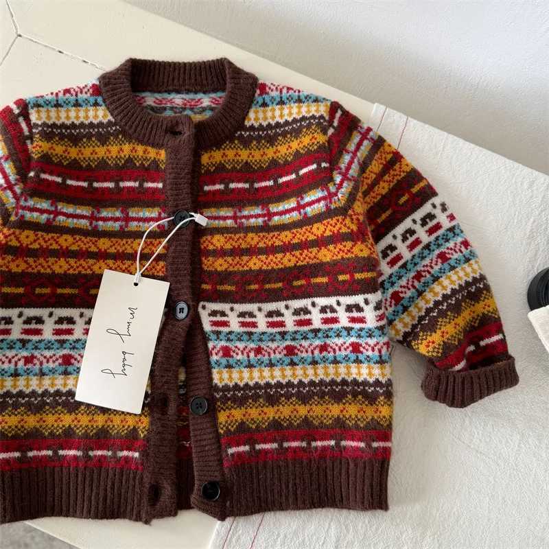 Children's Sweater 2026 Spring Pullover and Autumn Winter New Boys' and Girls' Color blocked Sweater Cardigan Baby Retro Knitted Coat