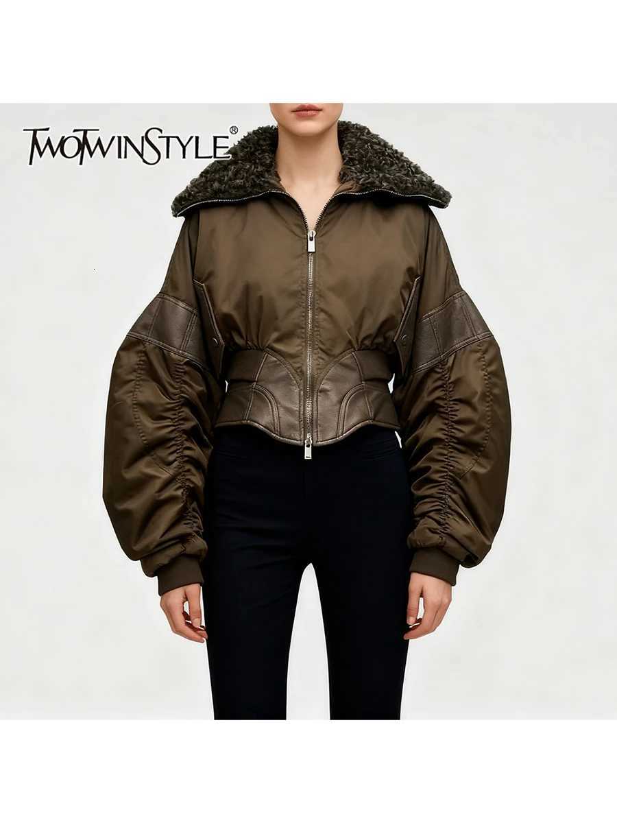 Women's Jackets TWOTWINSTYLE Slimming Spliced Leather Fashion Jackets for Women Lapel Long Sleeves Tunic Patchwork Flocking Casual Jacket Femal