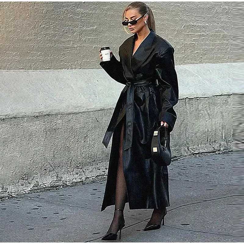 High-end Stylish Foreign Suit Collar Leather Jacket Spring Summer New Cool Sa Waist Medium and Long Jacket Women C260921