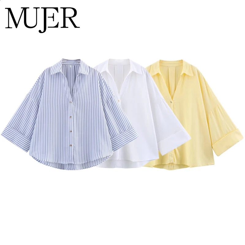 MUJER Striped Women's Shirt White Loose Casual Shirts for Women Summer Button up Shirts and Blouses Woman Wide Sleeve Ladies Top 260921