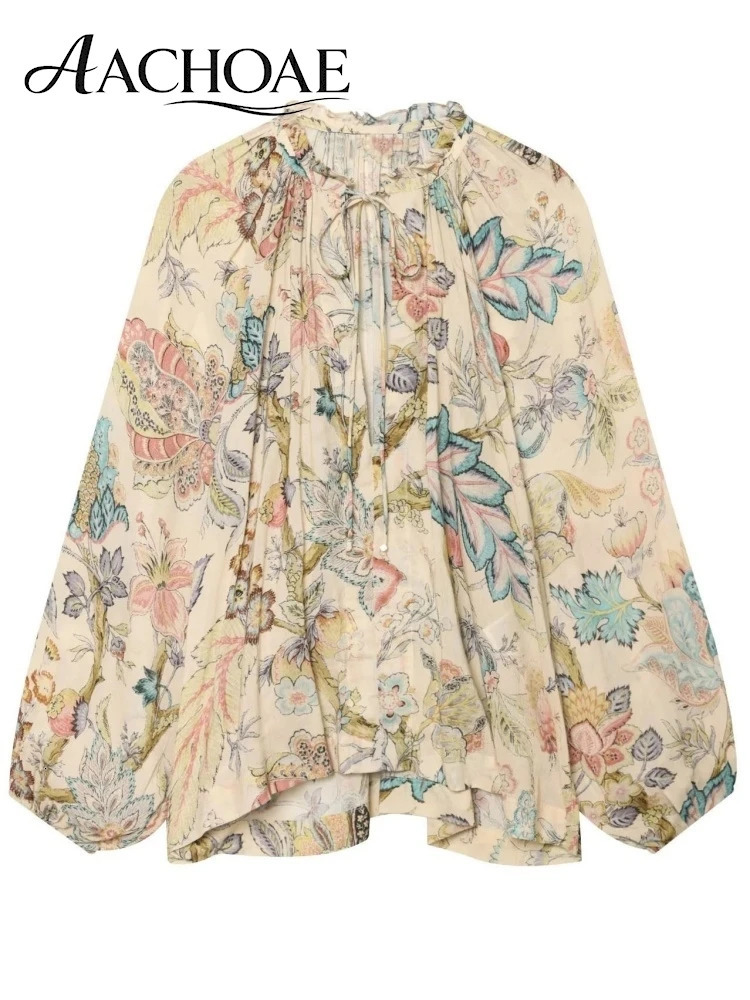 AACHOAE Women Vintage Floral Print Blouse Long Sleeve Tie Neck Shirt Boho Loose Top Elegant Ruffle Collar Chiffon Blouse 260922