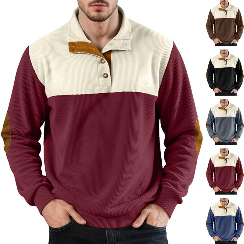 Polo côtelé à manches longues pour hommes, col Henley, patte de boutonnage partielle, patch de coude contrasté, haut texturé décontracté