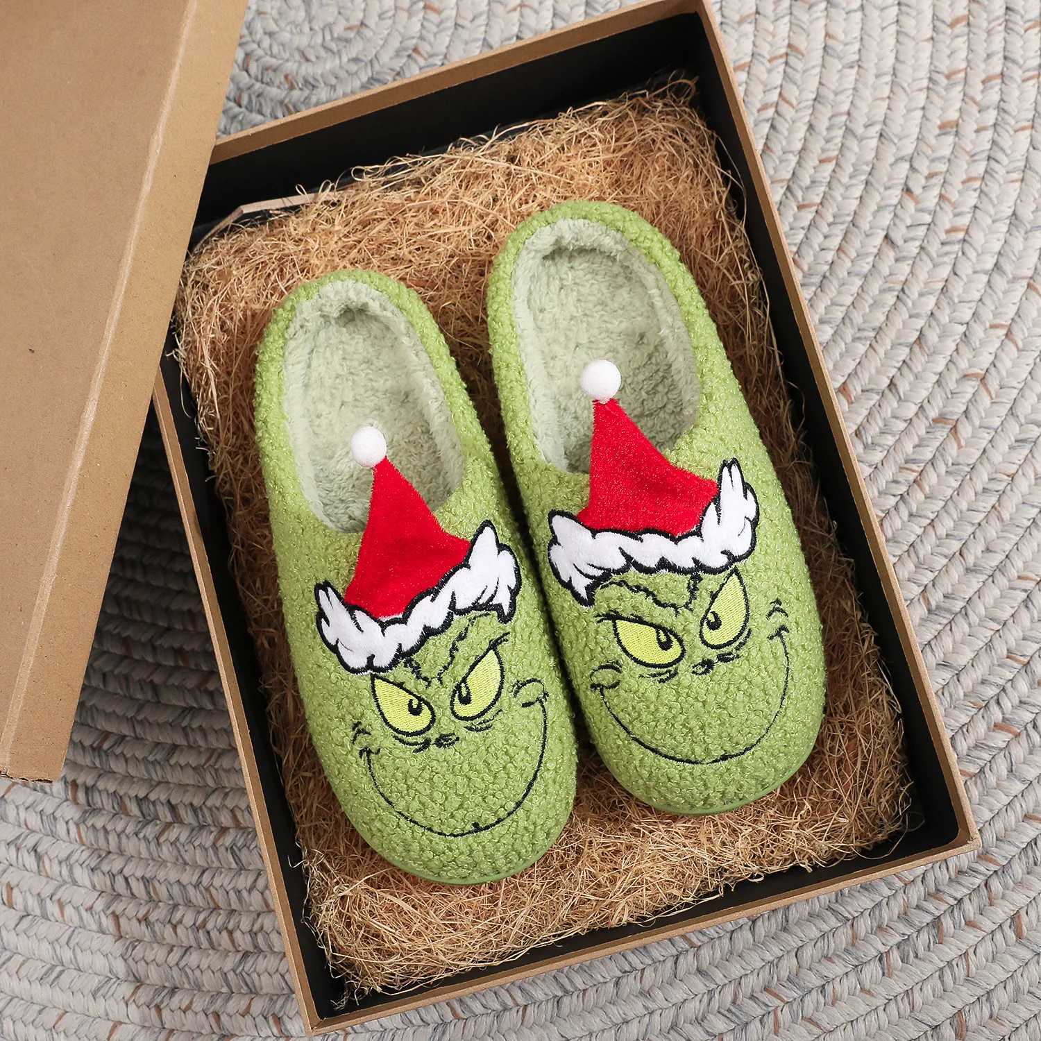 2026 Autumn Winter Fashion New Plus Size Men's Home Slippers Indoor Lazy Green Fur Monster Plush Flat Bottom Comfortable T260922
