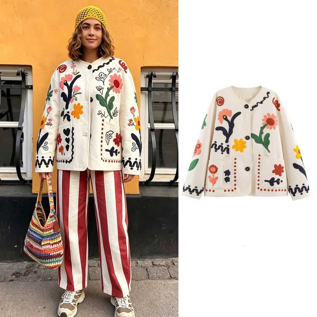 Women's Jackets Boho Colorful Flower Print Cardigan Jacket Ladies Round Neck Long Sleeve Patch Pockets Loose Coat Women Daily Commution Outwear