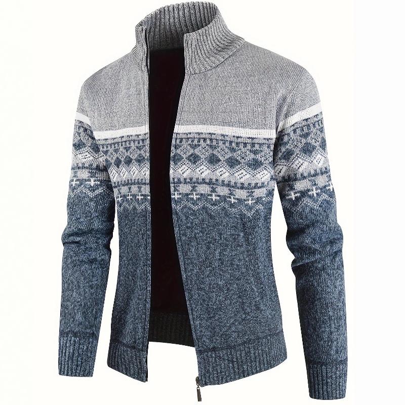 Mens Winter Thick Knit Zip Up Cardigan Sweater Nordic Fair Isle Print Stand Collar Fleece Lining Rib Trim Casual Warm Outerwear