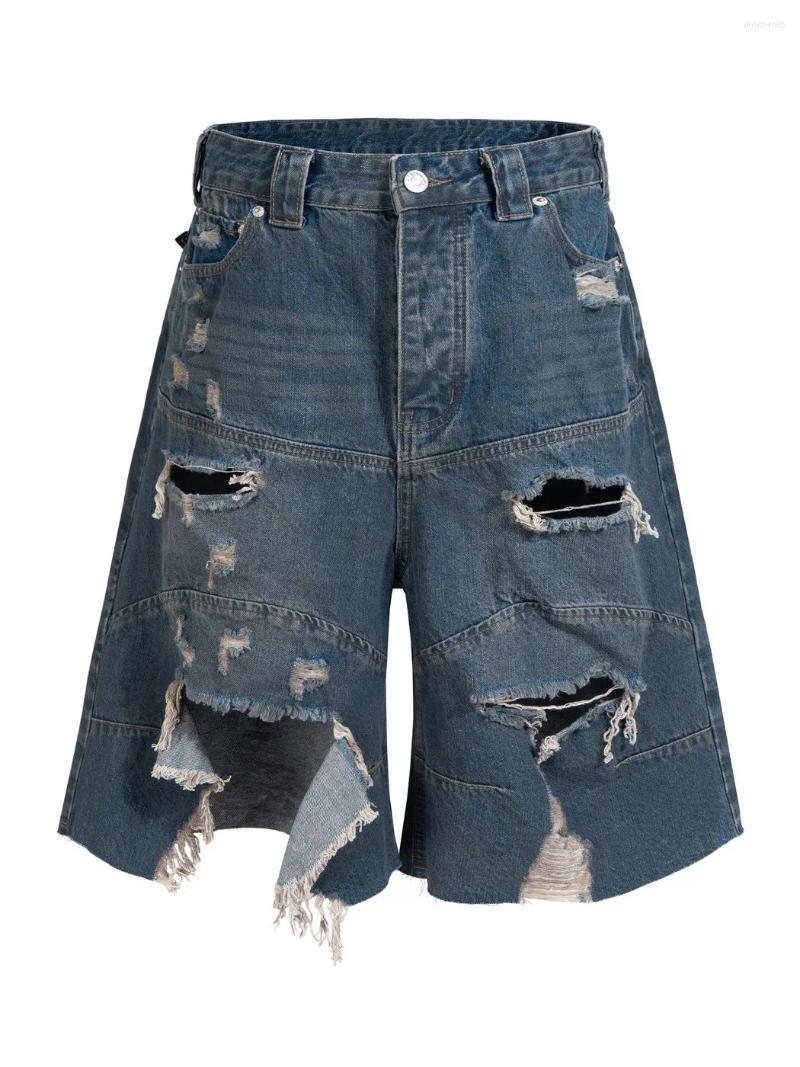 Parisian Style Men's Baggy Denim Shorts Vintage Worn Washed Hole Punch Five-Point Casual Loose Fit Jeans Cotton Blend
