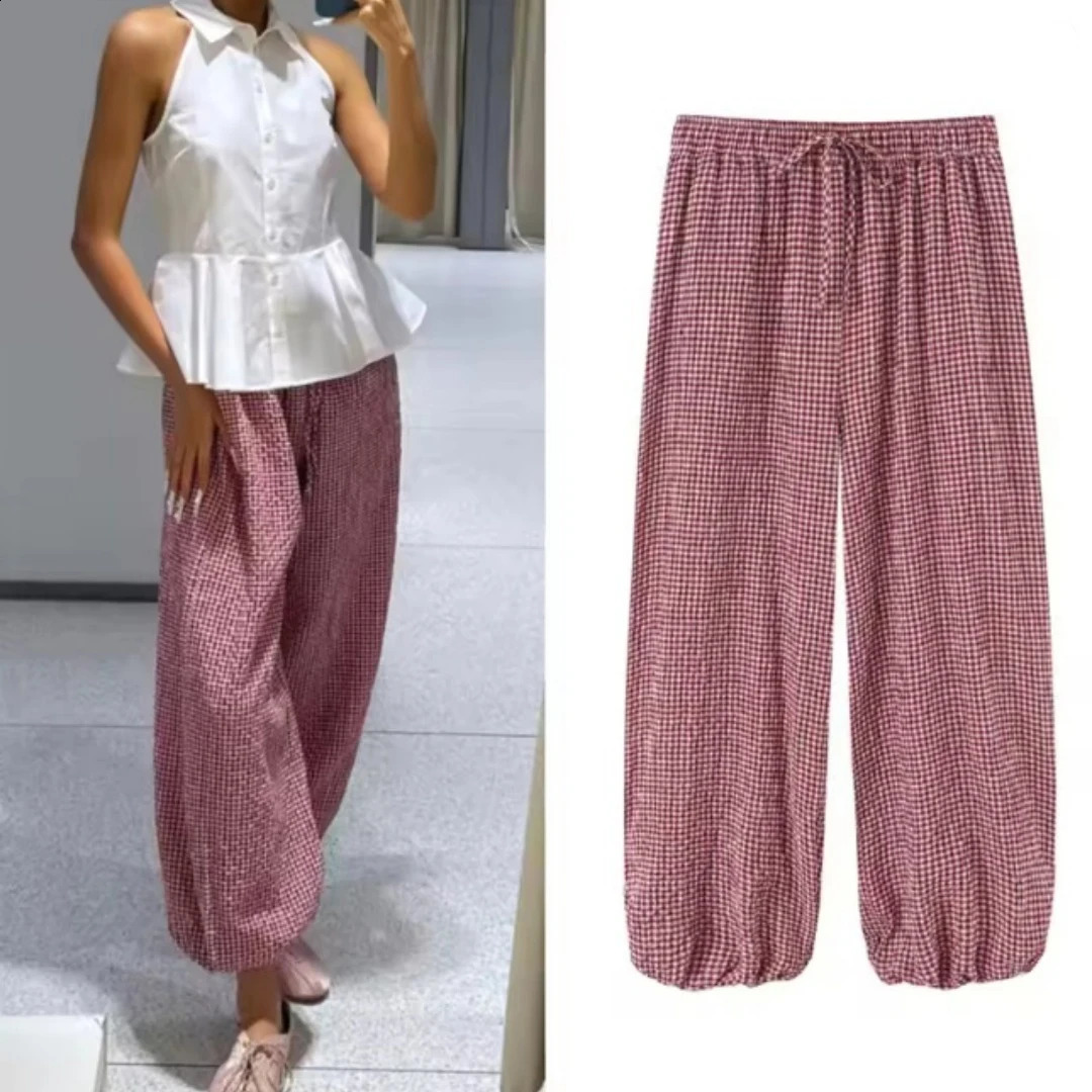 Women's Long Pants Summer Plaid Drawstring Lantern Pants Beach Vacation Casual Fashion Women's Long Pants 260921