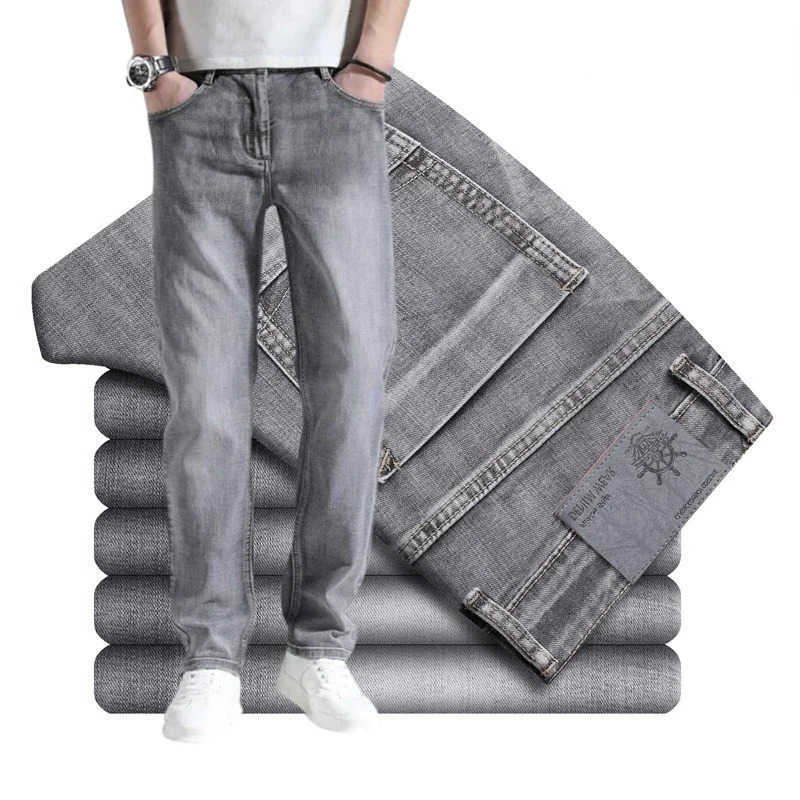 Jeans da uomo Jeans dritti elasticizzati in cotone Pantaloni leggeri in denim sottile Primavera Estate Business Casual Pantaloni azzurro grigio quot