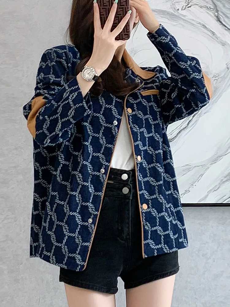 Women's Jackets Vintage Printed Jeans Baseball Jacket Coat Women 2024 New Turn-Down Long Sleeve Spring Fall Loose Casual Denim Coat Female Tren