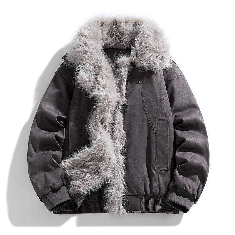 Washed Men's Down Parkas Men's PU Leather Parka Jacket Street Style Puffer Coat Snap Button Closure Winter Quilted Utility cotton-padded J