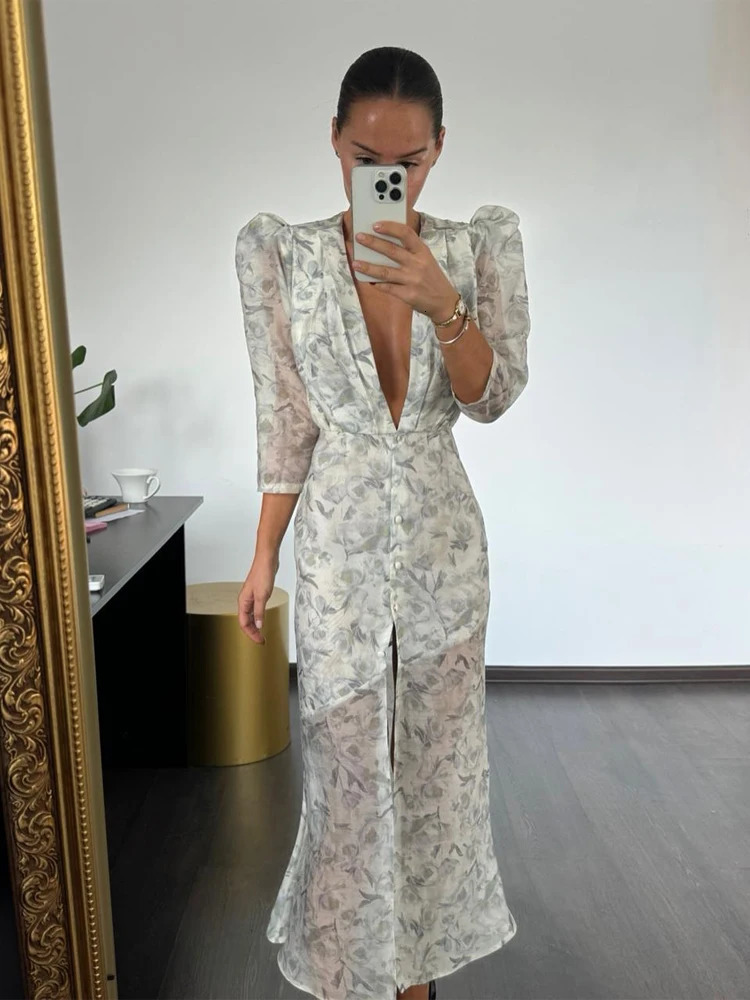 Fashion Sexy Organza Floral Printed Maxi Dress V-neck Puff Sleeve 2026 Summer Romantic Women Party Gown Elegant Lady Vestido 260922