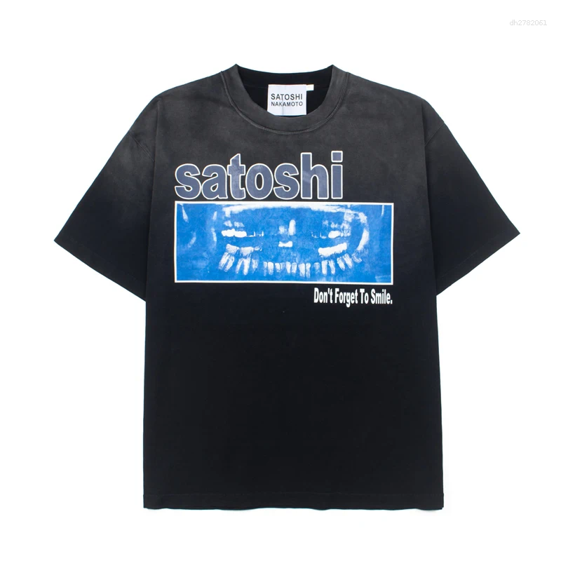 Satoshi T Shirt Print Vintage Washed Oversized Men Cotton Streetwear Loose Short Sleeve Tee