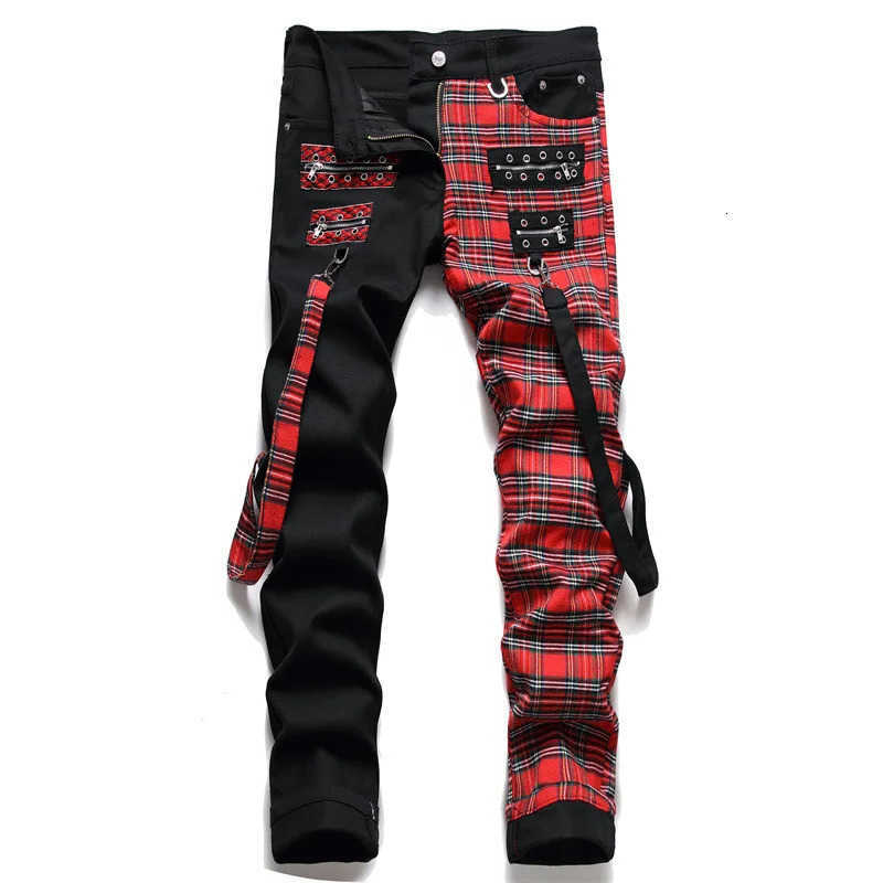 Plaid Red Patchwork Zipper Men Pencil Trousers Y2K Buckle Denim Pants Pantni Uomo S260922IZU9