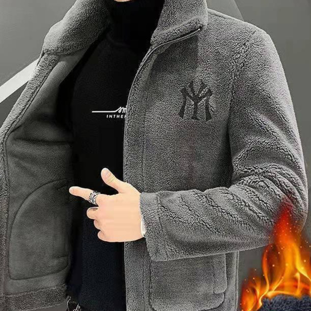 Autumn Faux Shearling Stand Collar Jacket Fleece Lined Thickened Men's Winter Coat