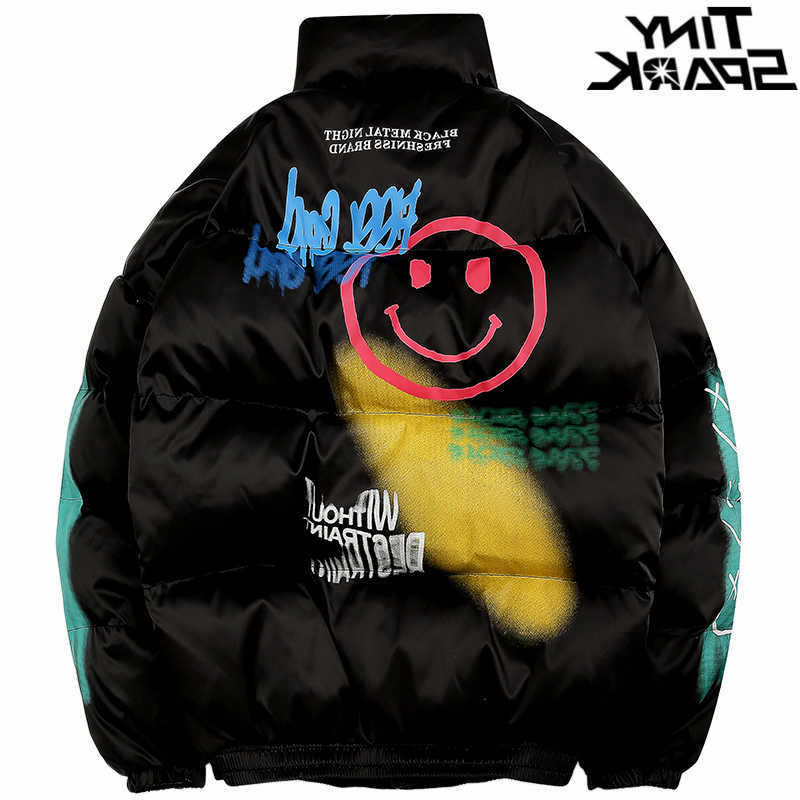 Hip Parkas 2025 Men's Down Hop Jacket Parka Happy Graffiti Print Men Windbreaker Streetwear Harajuku Winter Padded Jacket Coat Warm Outwear Thi