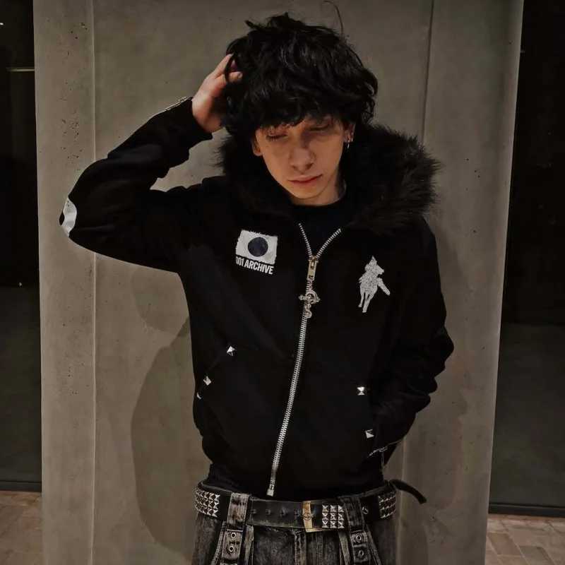 punk Men's Dark Hoodies Sweatshirts style trendy hip-hop cardigan hooded sweatshirt with letter print and multiple zippers men's and women