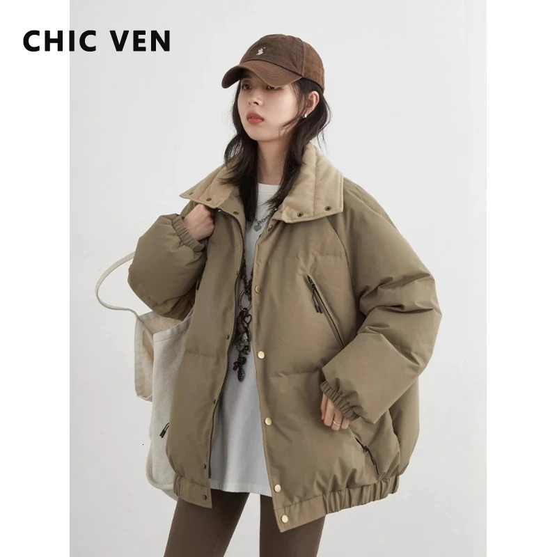 CHIC VEN Fashion Women Down Coats Long Sleeve Solid Retro Loose Casual Contrasting 90 White Down Jacket Autumn Winter 260921