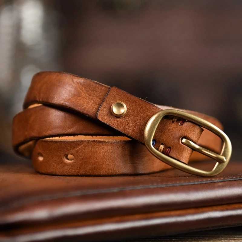 Belts Retro Narrow Genuine Leather Women's Belt Pure Copper Button Western Cowboy Style Versatile Jeans Belt Fashion Luxury Women Belt Q260921