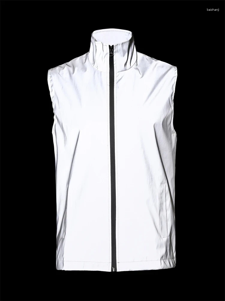 Mens Sleeveless Reflective Vest Spring Summer Night Running Breathable Jacket Hip-hop Fashion Solid Color Simple Streetwear