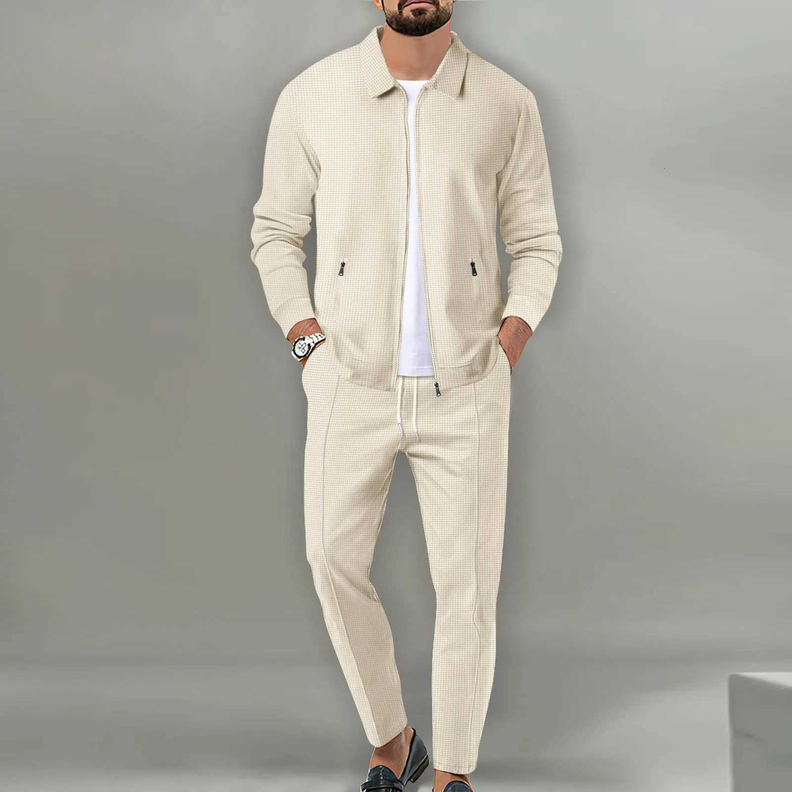 men's Men's Tracksuits jacket autumn youth waffle zipper pocket lapel slim cardigan men's jacket set J260921