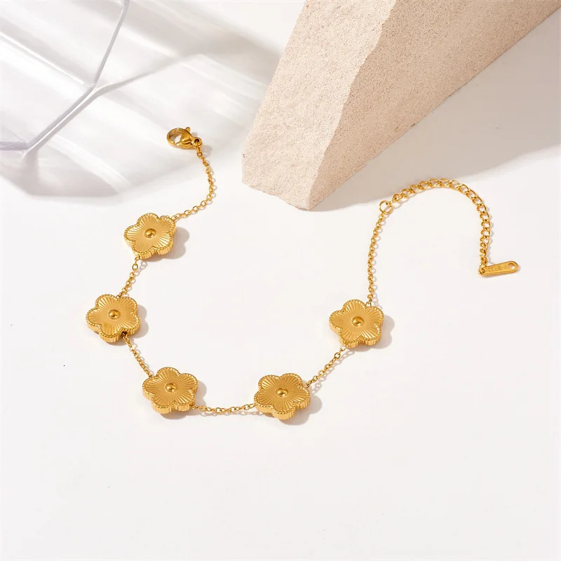 Stainless Steel Five Leaf Flower Bracelet for Women Gold Color Charm Bracelets Jewellery Clover Fashion Jewelry Gifts260920