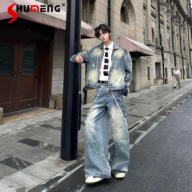 Men's 2025 Autumn Two-Piece Sets Men's Tassel Fashion Retro Long Sleeve Denim Jackets Straight-Leg Jeans Men's Handsome Sets 260921