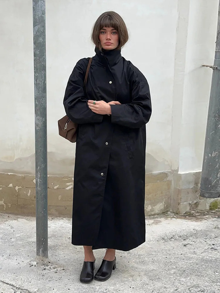 Women Solid Long Trench Coat Stand Collar Single Breasted Oversized Loose Sleeve Straight Coat 2026 Autumn Winter Casual Outfits 260921