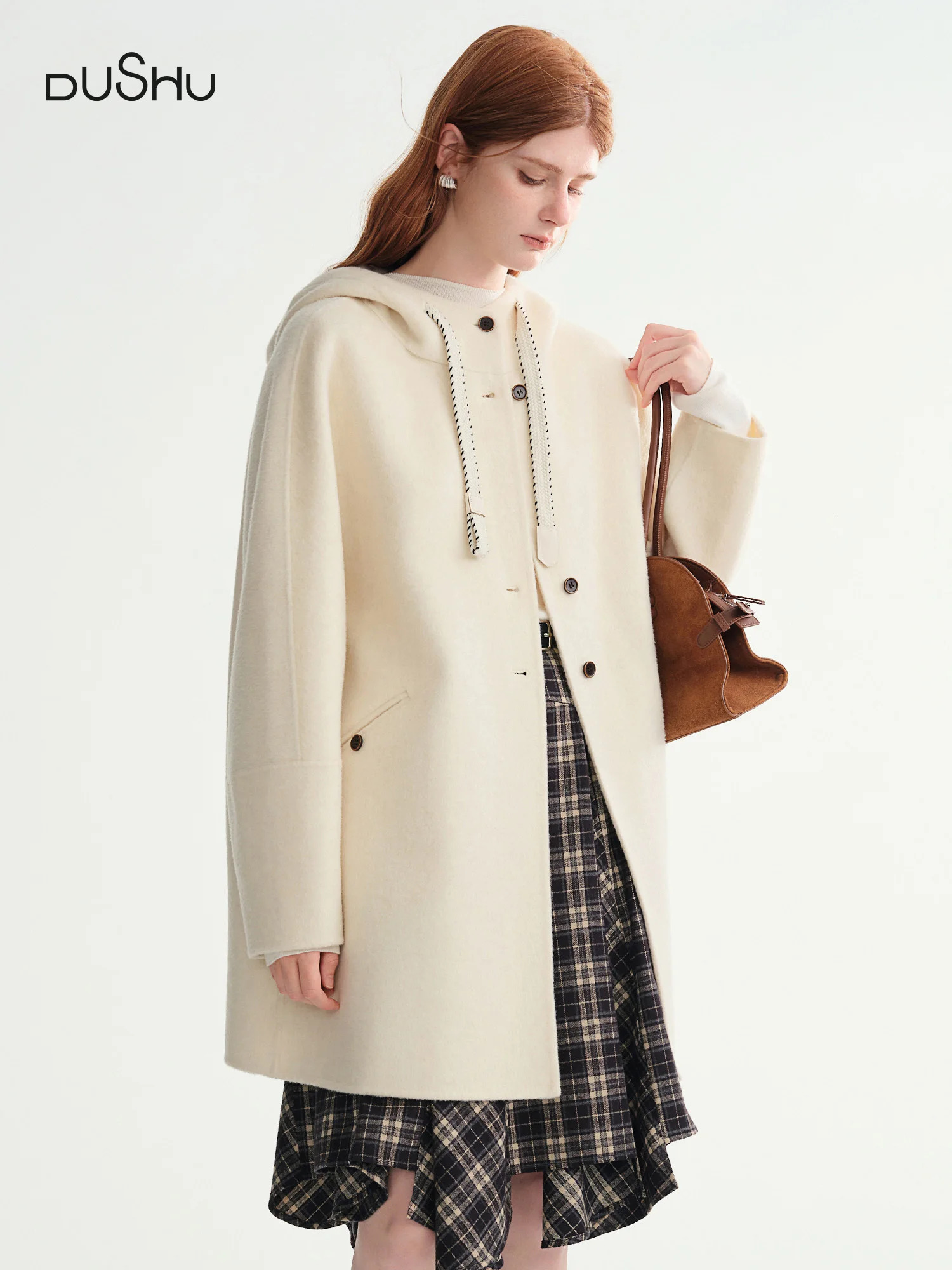 DUSHU Casual Japanese Style Slim Drawstring Hooded Wool Coat Solid Simple Ins Preppy 260921